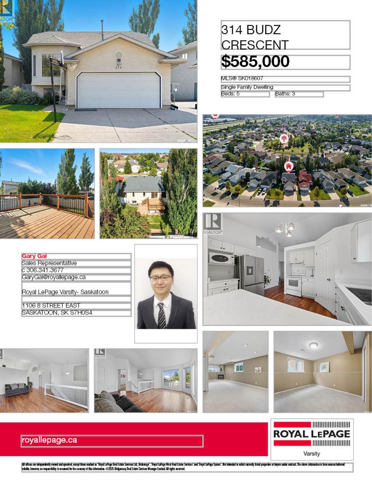 Public Open House公众开放看房 314 Budz Cres  9月20日 周六2:00-4:00PM Gary Gai或者同事Dominic Parent会在此迎接🙏  ————————- Arbor Creek 安静街区的5房3卫错层独立屋出售。环境优美，街景 - 2