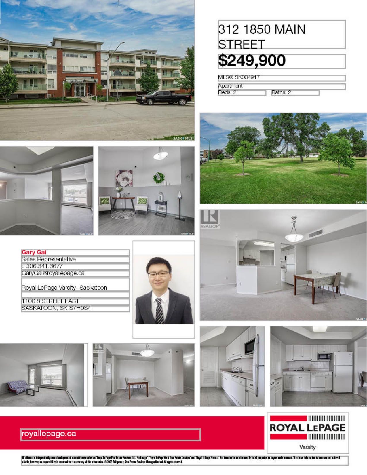 步行至8街Grosvenor Park小区顶楼公寓出售！安静顶层两室两卫户型，配地下车位。楼内安静整洁，品质优良，配备电梯及宽敞娱乐室。地理位置优越，邻近萨斯喀彻温大学、八街商业区、公园及生活设施。  公寓采用开放式布局，大面积窗户，居住面积超1000平方英尺，整体中性色调。含两