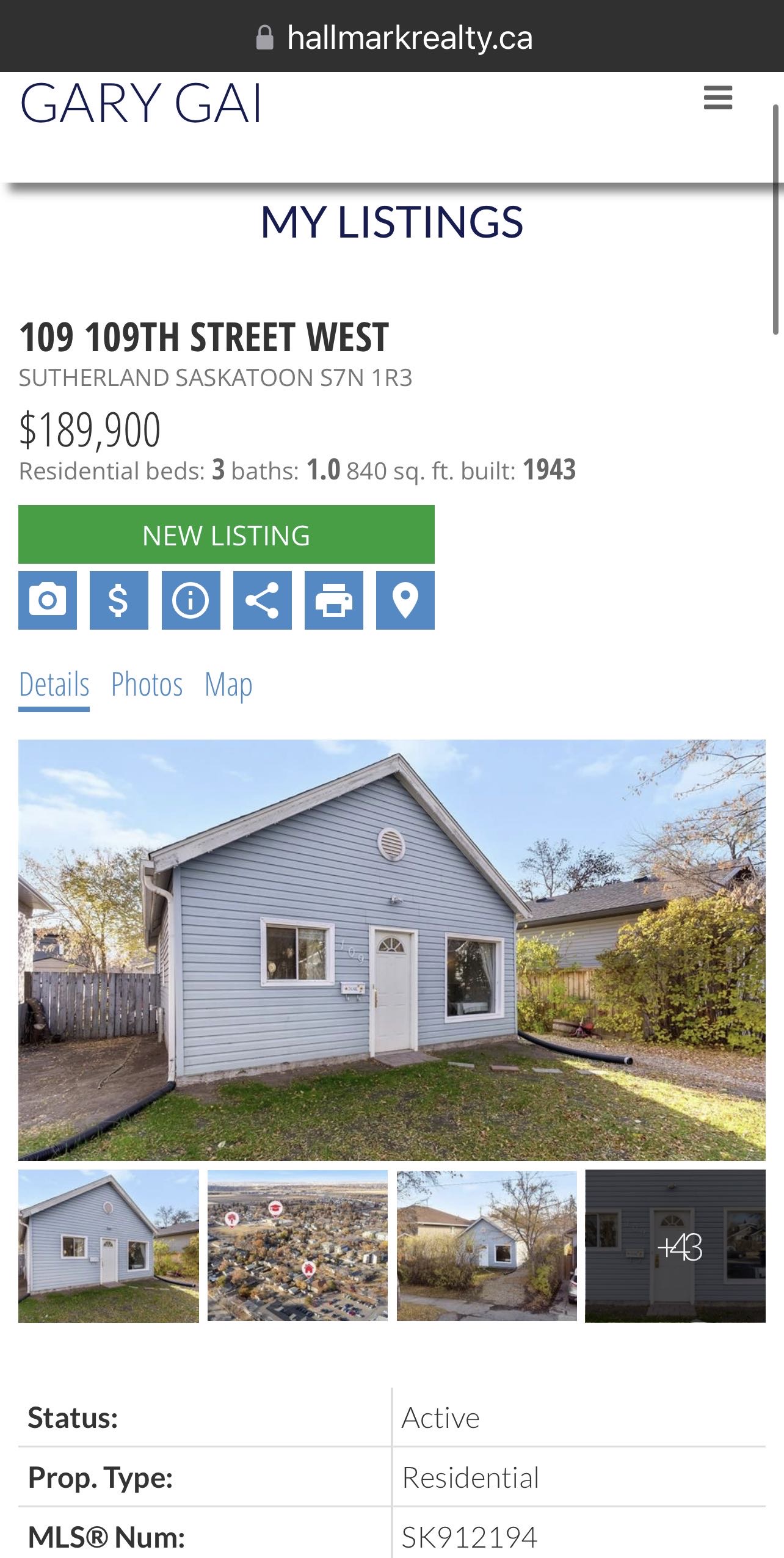 Sutherland小区840尺独立屋出售。近萨大，小学，公园，购物。 3室1卫+1书房平层，带一个18*24较新建双车库，合成板地板，地下室装修有一房一厅。2021年更新保温，新换屋顶瓦片，更新锅炉。占地5819尺。挂牌价格：$189900。详情请联系地产经纪Gary Gai  - 3