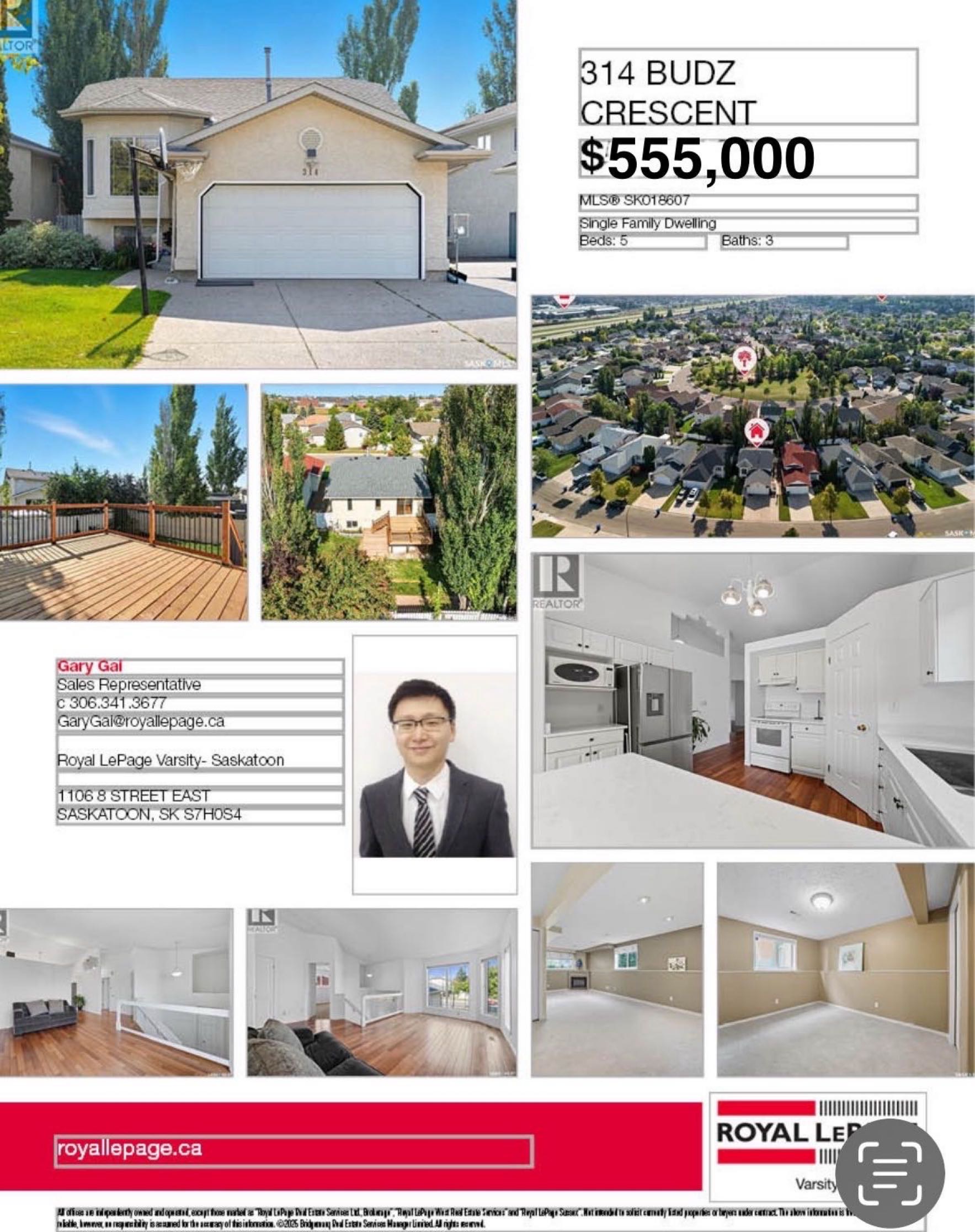 Public Open House公众开放看房 314 Budz Cres  11月22日23日 周六周日 2-4 PM Gary Gai或者同事Della Zhang会在此迎接🙏  ————————- Arbor Creek 安静街区的5房3卫错层独立屋出售。环境优美，街景整 - 2