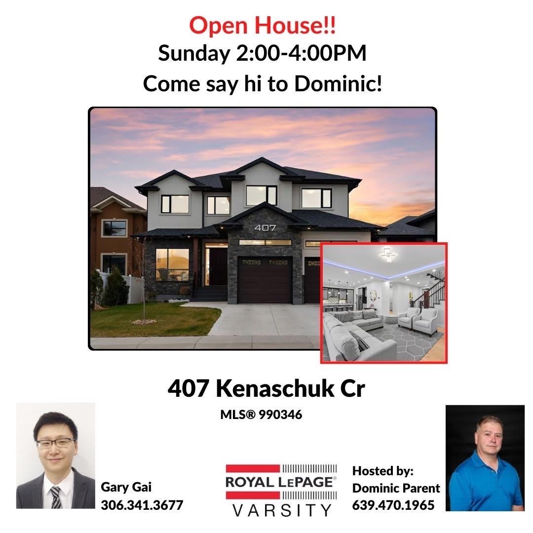 Public Open House公众开放看房 407 Kenaschuk Cres 3月2日 周日2:00-4:00PM Gary Gai或者同事Dominic Parent会在此迎接🙏 ————— Aspen Ridge小区超过4400平方英尺的豪华住宅，坐落于绝佳位置，背 - 2