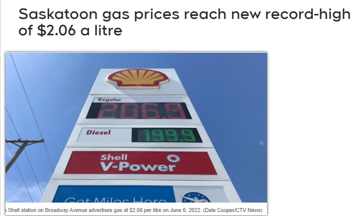 萨省汽油价格达到创纪录的每升2.06加元！