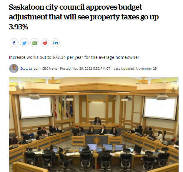 萨斯卡通市议会批准对明年的预算调整，将房产税上涨3.93%！