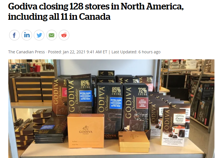著名巧克力品牌Godiva关闭了在北美的128家门店，包括在加拿大的全部门店11家！