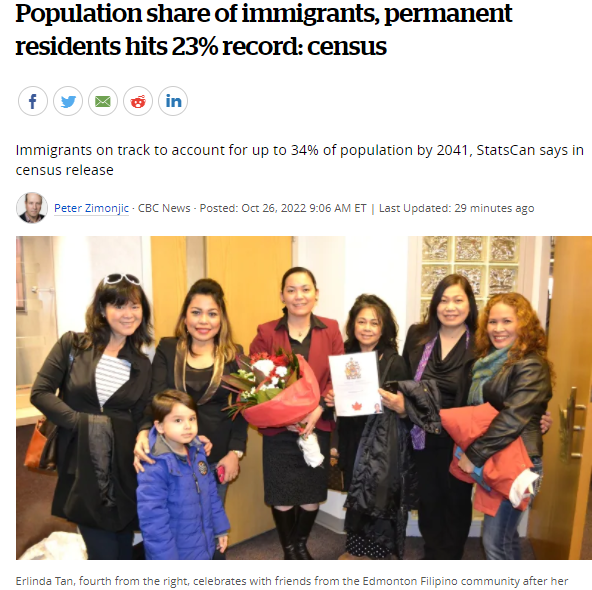人口普查:加拿大移民和永久居民的人口份额达到创纪录的23%!