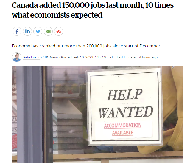加拿大1月份新增15万个工作岗位，是经济学家预期的10倍！