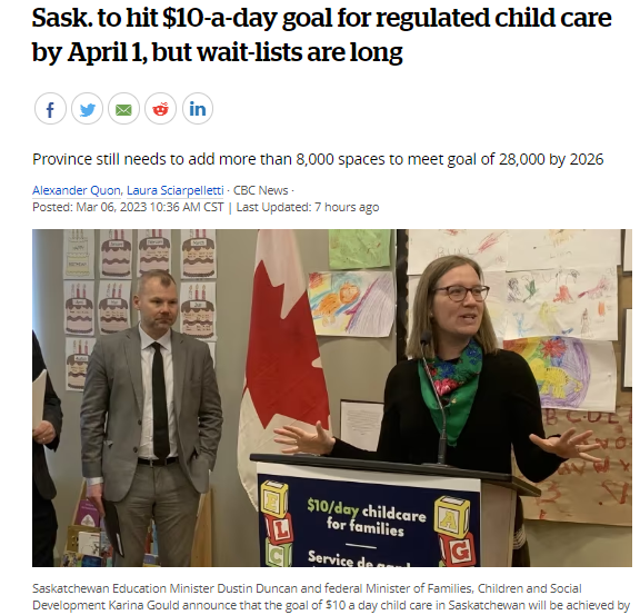 萨省争取在4月1日前达到每天10加元的规范化儿童保育目标，但等待的名单很长！