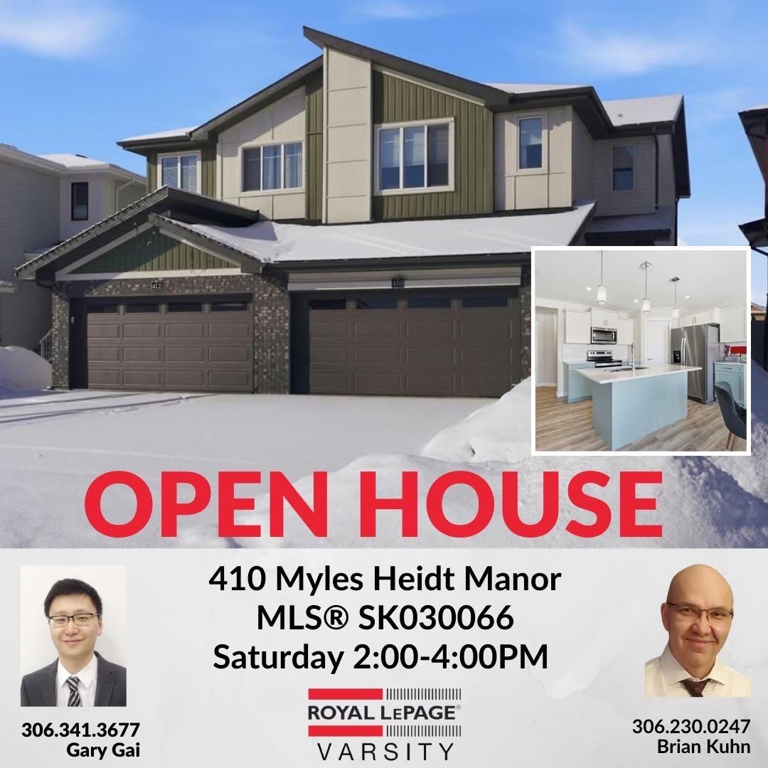 Public Open House公众开放看房 410 Myles Heidt Manor 3月14日 周六2-4PM Gary Gai或者同事Dominic Parent会在此迎接🙏 —————  Aspen Ridge小区背靠公园绿地半连体车库独立屋出售！，环境安静舒适，1