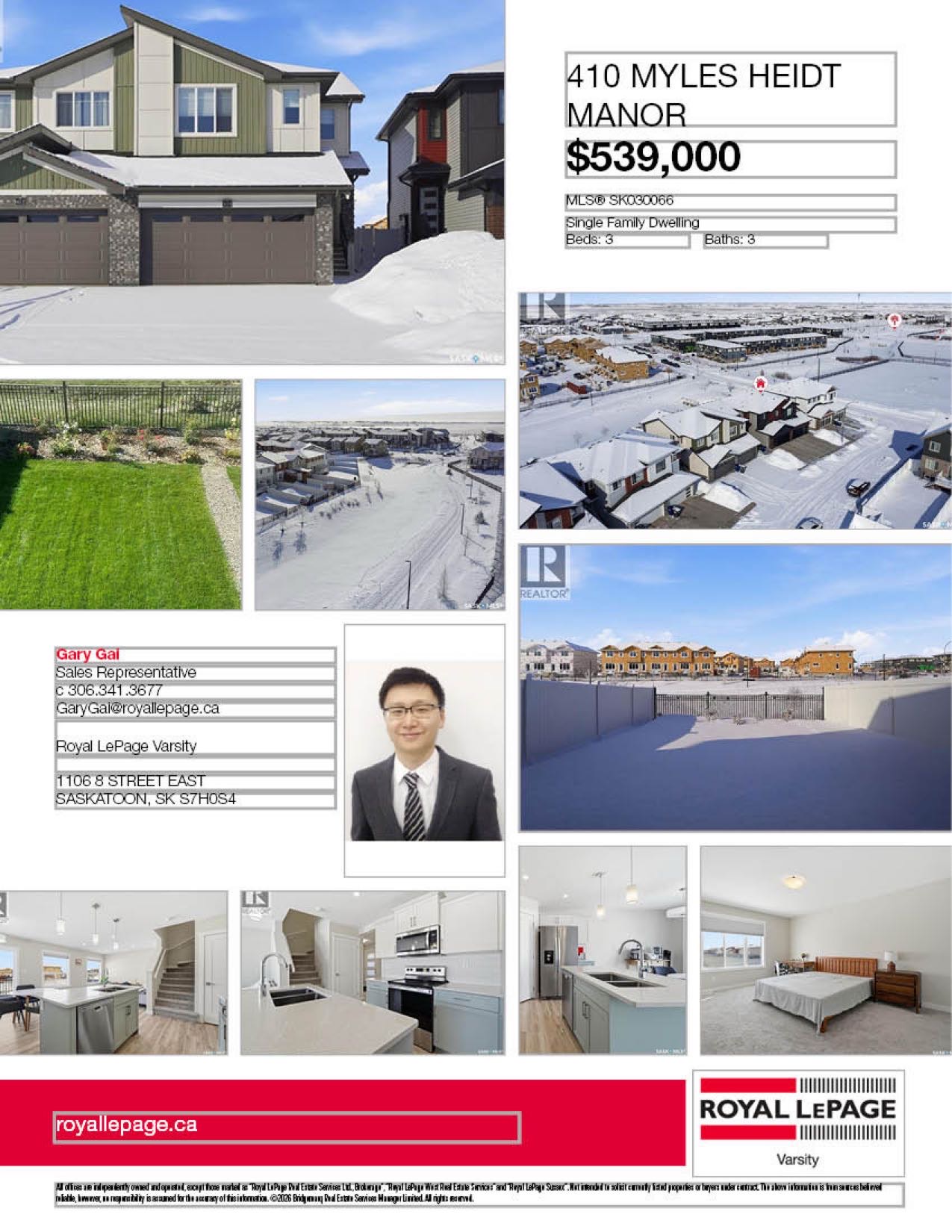 Public Open House公众开放看房 410 Myles Heidt Manor 3月14日 周六2-4PM Gary Gai或者同事Dominic Parent会在此迎接🙏 —————  Aspen Ridge小区背靠公园绿地半连体车库独立屋出售！，环境安静舒适，1 - 2