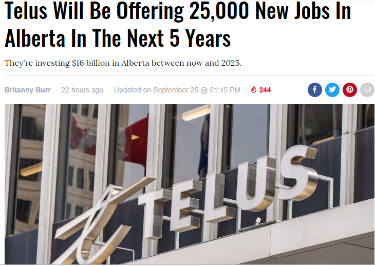 Telus将在未来5年内在艾伯塔省提供25,000个新工作