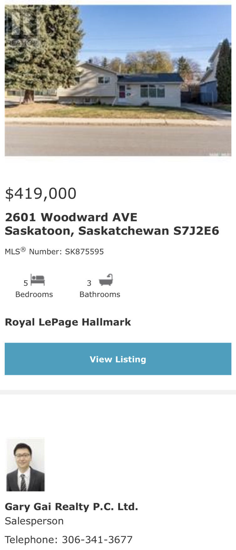 超大R2地块 3 错层Nutana Park小区独立屋出售。面对公园，近学校，购物中心。5房3卫，双车库外加5车位。全新实木地板，地毯，厨房大理石台面，不锈钢家电。主卧带独立洗手间，高效锅炉热水器。私密大院子。保养佳。挂牌价格：419000。有意请联系地产经纪Gary Gai 盖 - 3