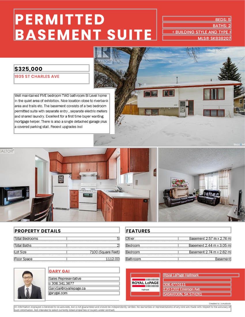 Exhibition小区安静街区，步行至河边，1120尺3+2房Bi Level错层独立屋出售。半地下室带2房一厅一厨一卫合法出租套间，独立出入，独立电表，独立锅炉暖气。租金稳定租客长期。另有单车库+一个车棚。更新有锅炉，瓦片 挂牌价格 $325000