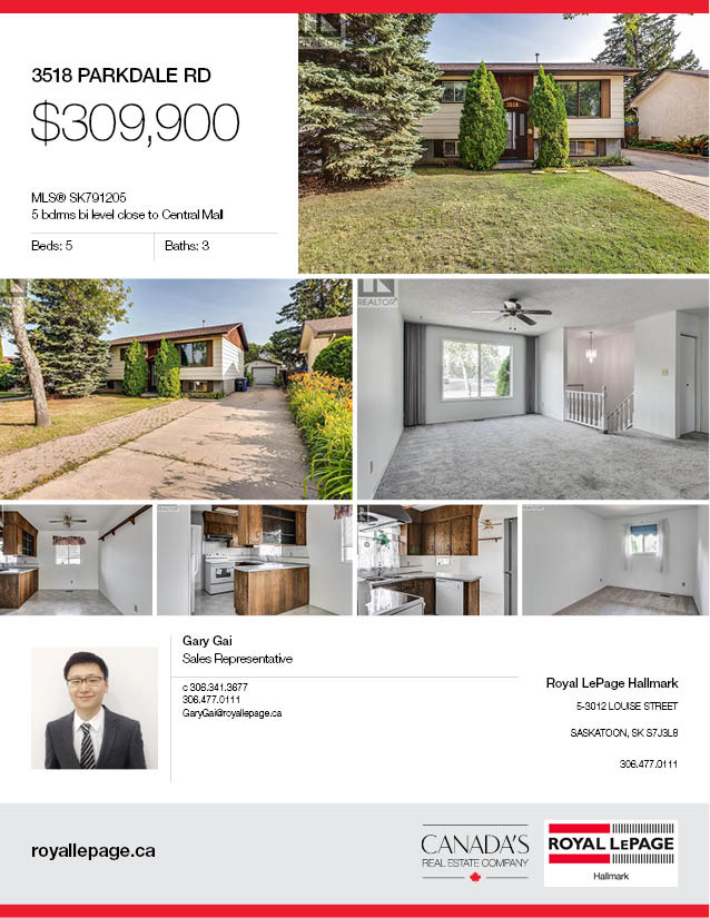 步行5分钟至8街Central Mall 错层bi level独立屋，5房3卫，地下室明亮大窗户，带车库，大地块，主卧带洗手间。开价$309000