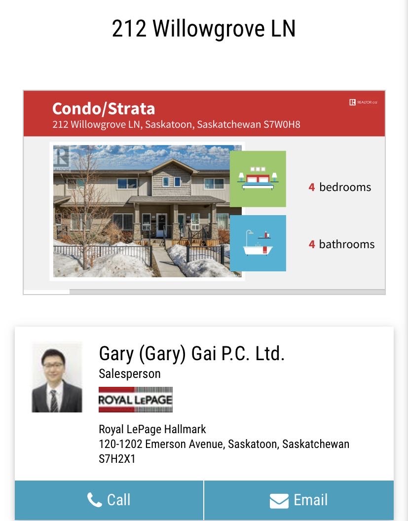 Willowgrove小区4房4卫带独立院子联排屋出售。步行350米 至小学，公园，近附近购物，近St Joseph 和Centennial百年高中。主卧带独立洗手间，地下室装修有一房一厅一卫，高档装修：大理石台面，挑高顶。保养佳。挂牌价格：$318000详情联系地产经纪Gary - 3