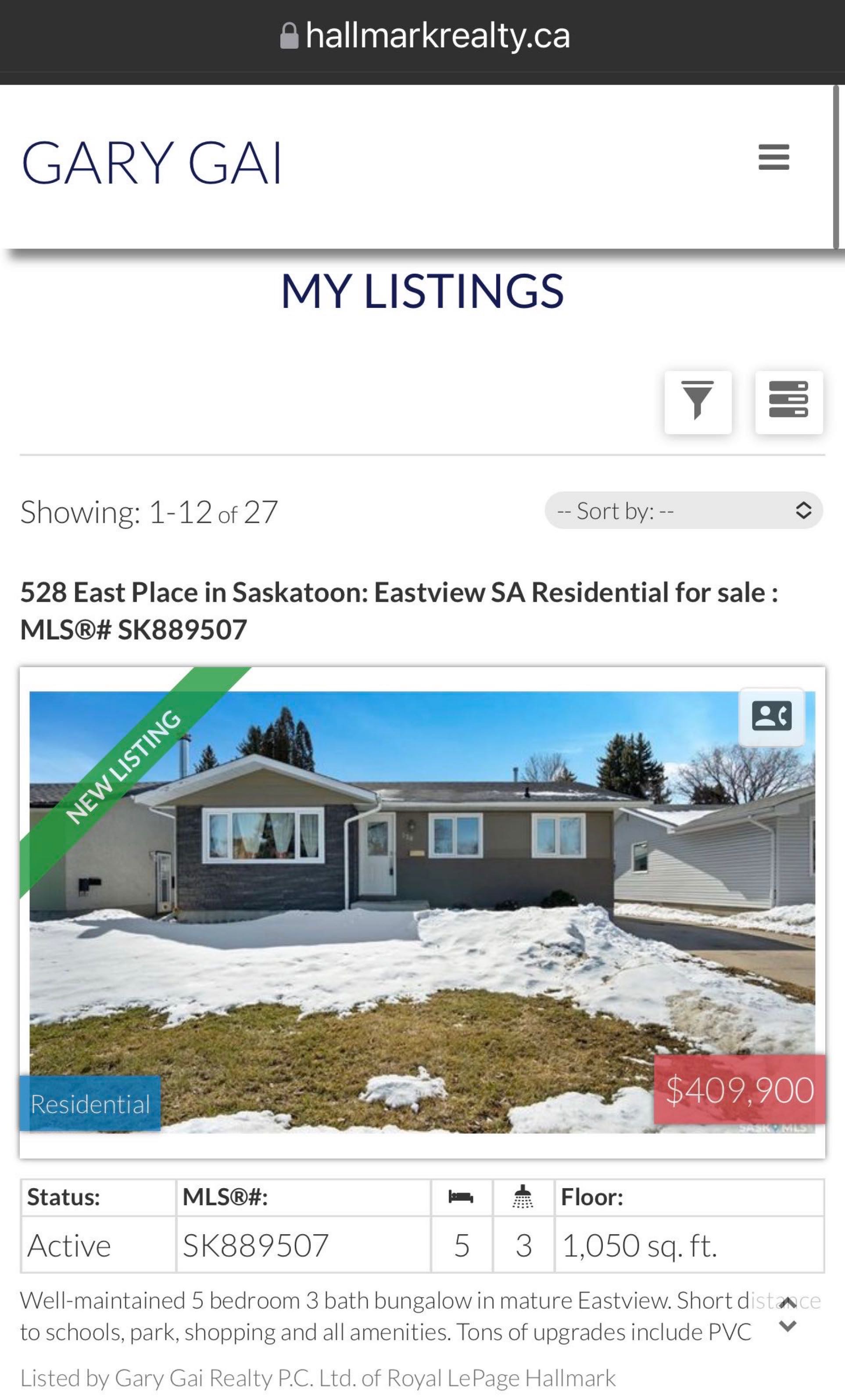 Eastview小区步行至小学及Market Mall 购物中心。5 房3卫 双厨房独立屋出售。保养极佳，更新有pvc节能窗户，瓦片，合成木地板，高效锅炉热水器，升级后院园林。主层3房一厅一卫。地下室独立出入口，独立厨房，两房一厅两卫。另有双车库。三车道。挂牌价格：$409900 - 3