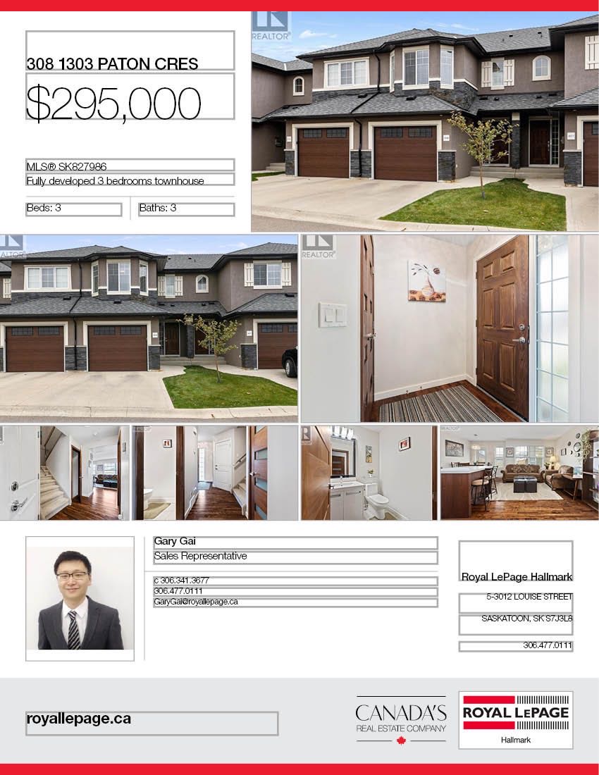 Willowgrove小区3房3卫地下室完全装修联排出售。近小学，高中，公园，购物。后院朝南采光好，高档装修：实木地板，大理石台面，桃木内门，不锈钢家电，大尺寸房间，家具可商量。挂牌价格：$295000。详情请联系地产经纪Gary Gai 盖王睿 3063413677 微信：ga