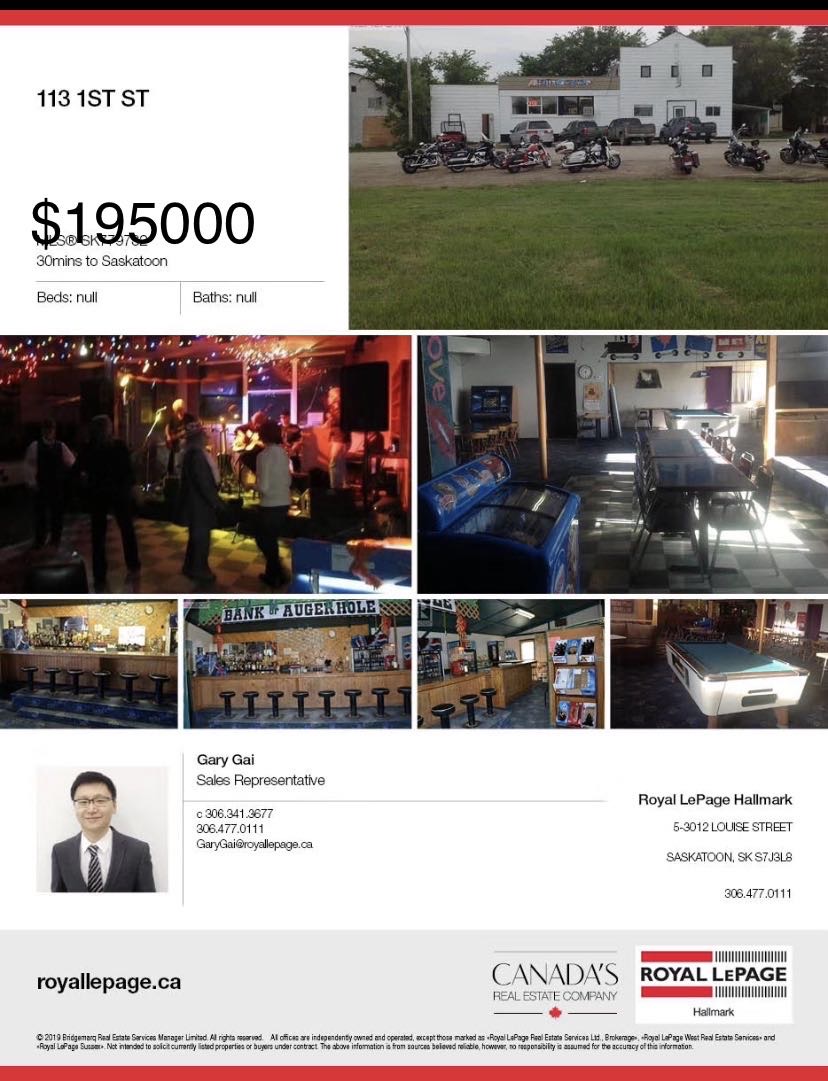 离Saskatoon 40分钟车程 小镇酒吧餐厅旅馆+零售外卖酒酒牌，物业+生意出售。