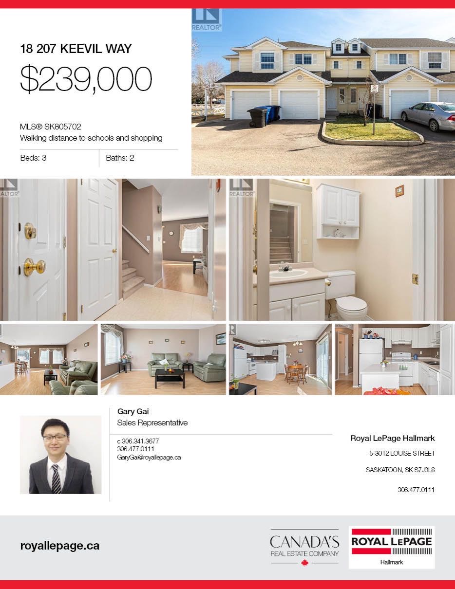 Erindale小区3室2卫联排，1207尺，步行至两所中学小学，商业购物。保养好，彩光好，地下室装修完工，带连房车库。开价$239000。 有意请联系地产经纪Gary Gai 3063413677 微信：gary3677