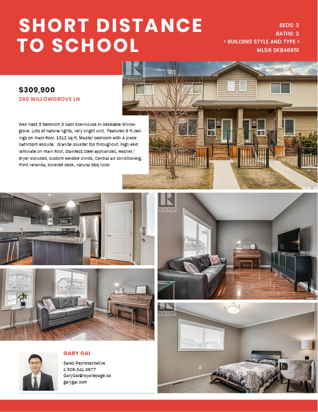 Willowgrove小区3房3卫联排出售。带独立私密小院，主卧带完整洗手间。步行百米小学，近高中，公园，购物。房屋保养佳采光好，高档装修：大理石台面，不锈钢家电，大尺寸房间，一车库一车位，地下室未装修。挂牌价格：$309900。详情请联系地产经纪Gary Gai 盖王睿