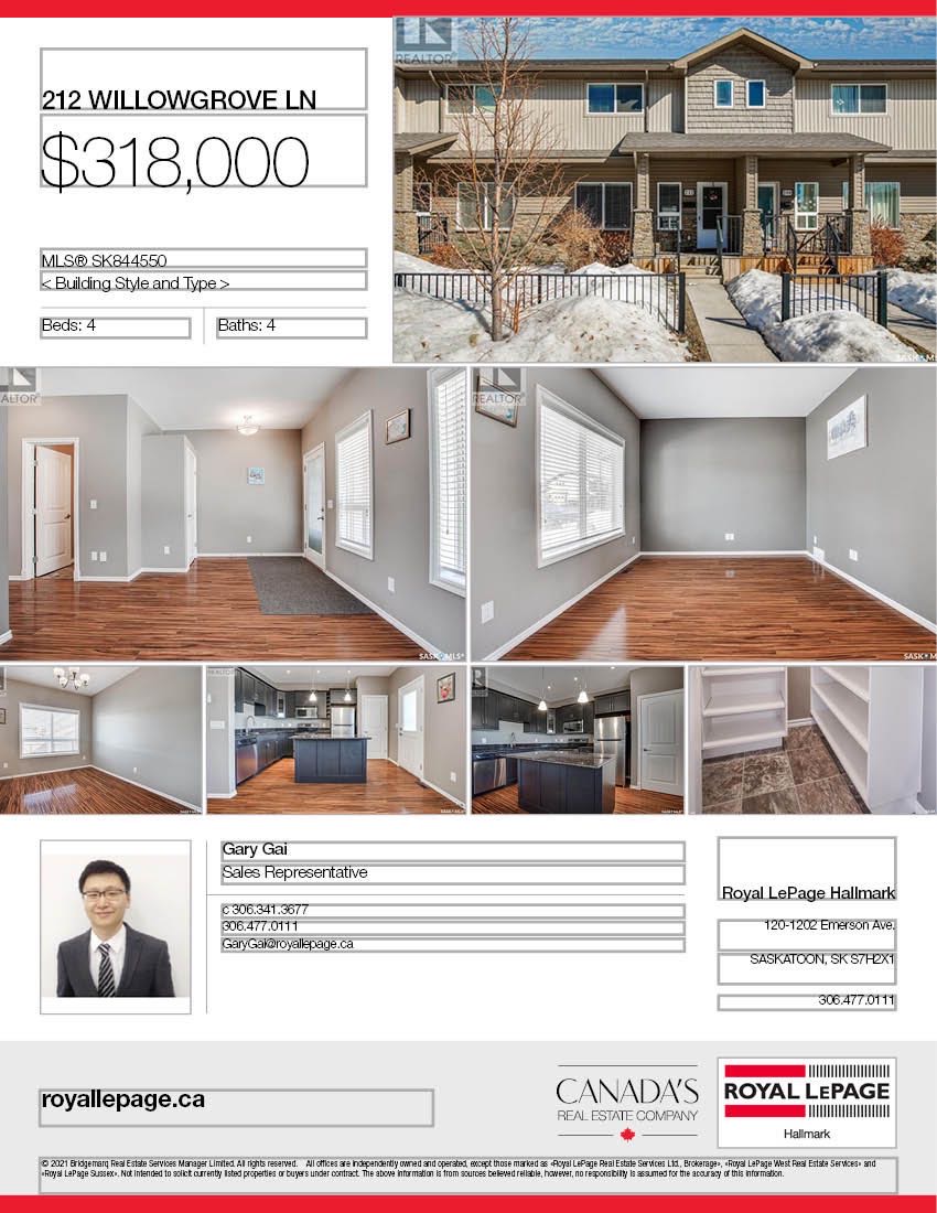 Willowgrove小区4房4卫带独立院子联排屋出售。步行350米 至小学，公园，近附近购物，近St Joseph 和Centennial百年高中。主卧带独立洗手间，地下室装修有一房一厅一卫，高档装修：大理石台面，挑高顶。保养佳。挂牌价格：$318000详情联系地产经纪Gary