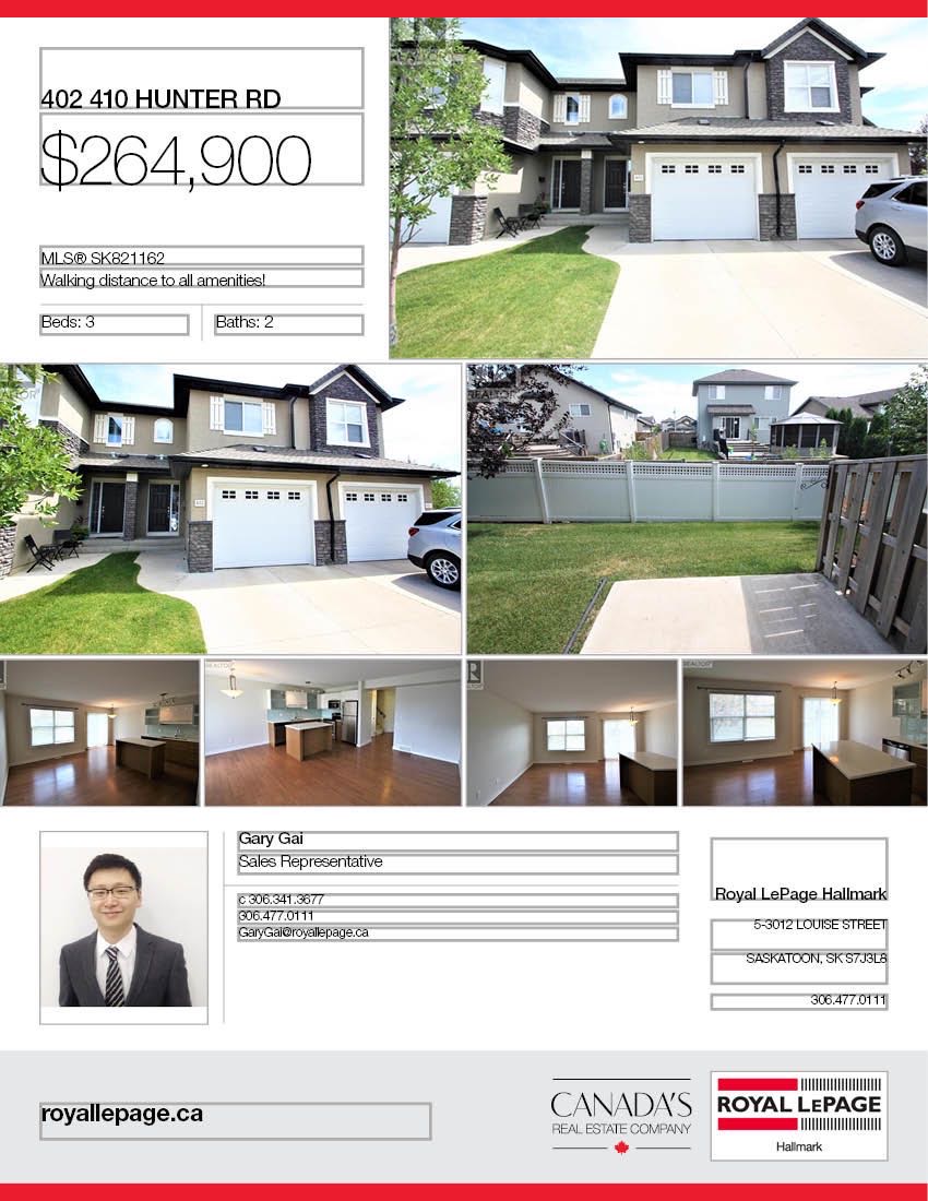 Stonebridge 小区2012年建，接近1245尺3房2卫联排出售，步行百米至Stonebridge小学，公园，附近购物，开发式设计多窗户好彩光餐厅客厅，二楼3个大房间，地下室未装修。连房子单车库外加一个地上车位。房屋保养好。挂牌价格：$264900。详情请联系Royal