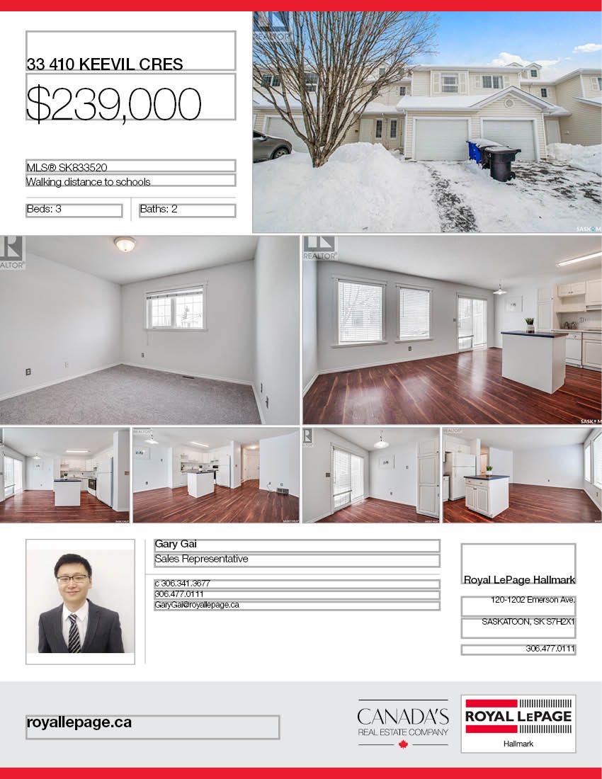 Erindale小区3室2卫联排，1207尺，可以步行至两所中学（St Joseph 和 Centennial 高中） 小学，商业购物方便。保养好，彩光好，地下室装修完工，带连房车库。开价$239000。 有意请联系地产经纪Gary Gai 3063413677 微信：gary3