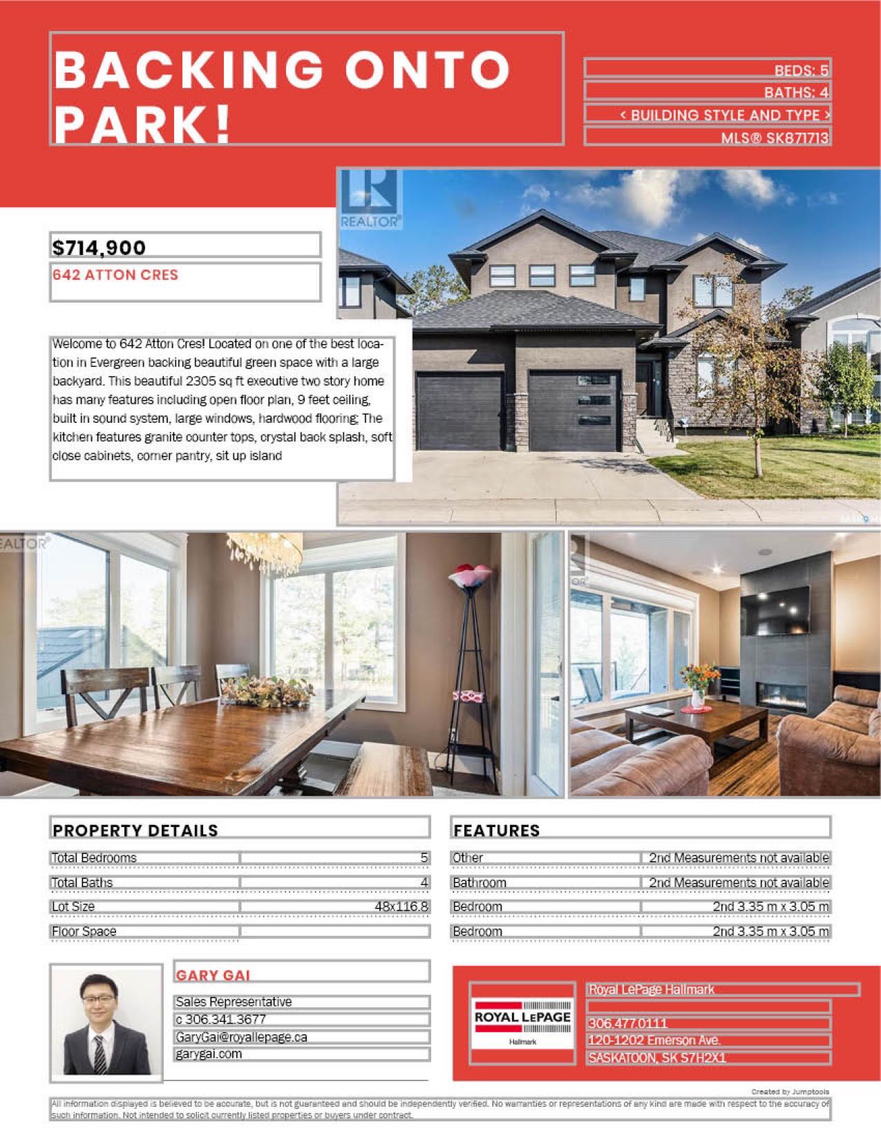 EVERGREEN小区2012年建2305尺5室4卫双层独立屋出售。位置极佳，背靠绿地公园。近学校，购物中心，交通便利。全屋高品质装修，中央空调，吸顶音响系统，实木地板，大窗户好风景。花岗岩台面，水晶花纹背板，带阻尼橱柜，餐厅宽敞明亮可以看到后院草地。一楼挑高9英尺，带独立书房/