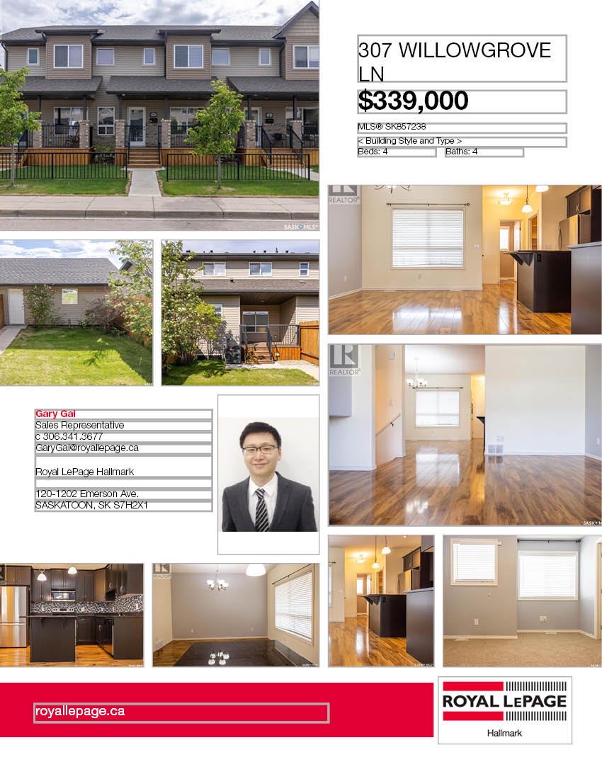 Willowgrove小区4房4卫双车库联排出售。带独立私密小院，主卧带完整洗手间。步行百米小学，近高中，购物。房屋保养佳采光好，高档装修：大理石台面，不锈钢家电，大尺寸房间，一车库一车位，地下室专业装修。挂牌价格：$339000。详情请联系地产经纪Gary Gai 盖王睿