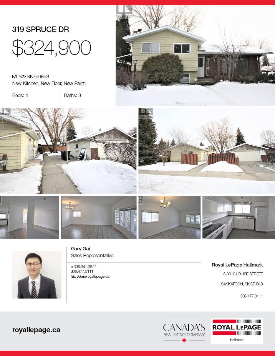 Forestgrove小区，完全装修独立屋，4房3卫，双车库，新厨房，新地板，新刷漆，开价324900。 有意请联系地产经纪Gary Gai 3063413677 微信：gary3677