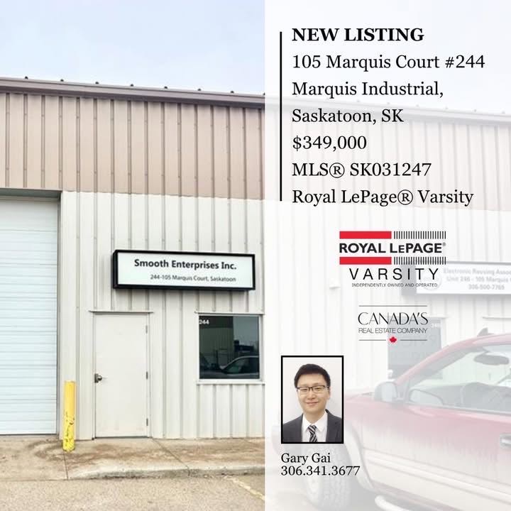 📍 244-105 Marquis Court
萨斯卡通Marquis Drive核心工业区的工业产权商业物业出售，地理位置便利，可快速连接Idylwyld Drive及通勤桥，交通条件好。该单元面积约1,500平方英尺，内部已完成基础装修，布局实用，包含办公室、会议室及独立洗手间。配备三相电、带隔油/沉淀功能的地漏（interceptor pit），以及12’ x 14’升降门，满足多种使用需求。分区为IL1，适用于多种工业及商业用途，无论自用或作为仓储空间均较为合适。挂牌价格：$349000。详情请联系地产经纪Gary Gai 盖王睿 3063413677 微信：gary3677 网站：garygai.com