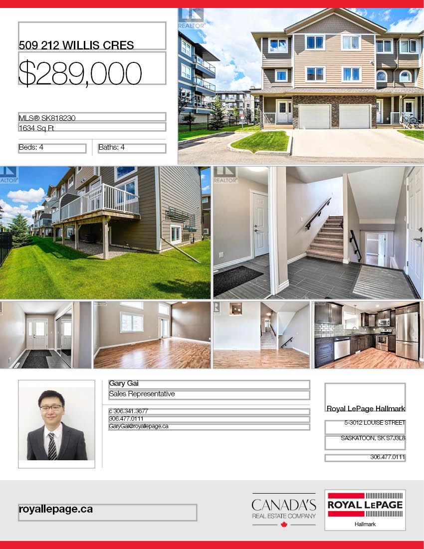 Stonebridge小区 1634 尺联排 4房4卫，安静边户，出售。大面积，挑高顶客厅，大窗户，厨房理石台面和不锈钢家电，主卧带独立洗手间。半地下室带大窗户。连房子单车库。步行可到小学，超市，公园。挂牌价格：$289000。详情请联系Royal LePage地产经纪Gary