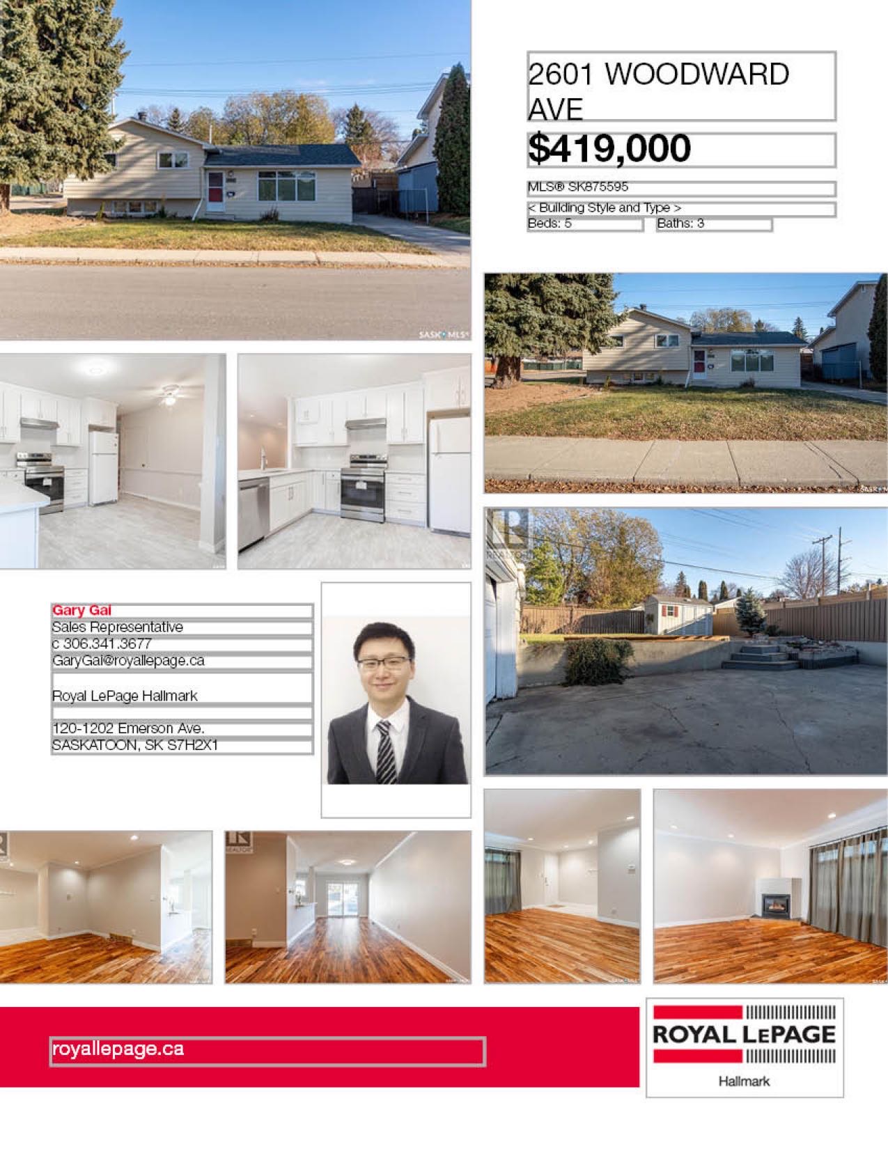 超大R2地块 3 错层Nutana Park小区独立屋出售。面对公园，近学校，购物中心。5房3卫，双车库外加5车位。全新实木地板，地毯，厨房大理石台面，不锈钢家电。主卧带独立洗手间，高效锅炉热水器。私密大院子。保养佳。挂牌价格：419000。有意请联系地产经纪Gary Gai 盖