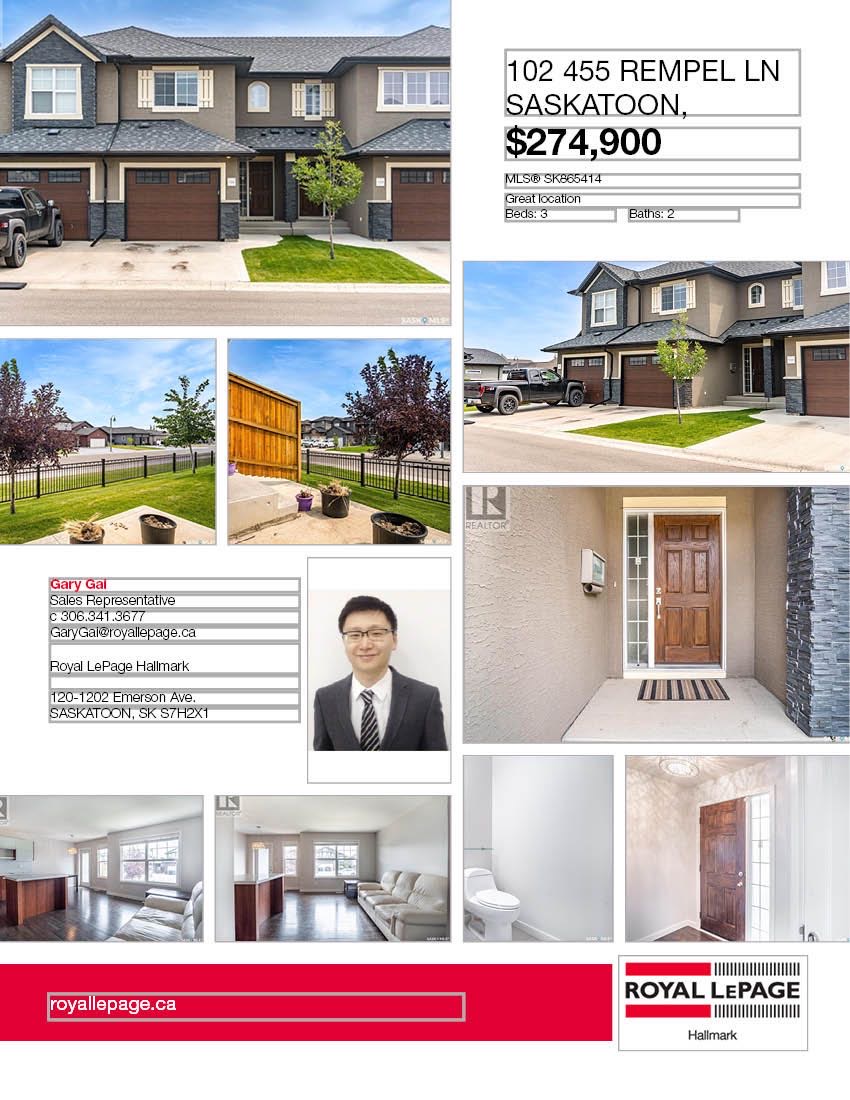 Stonebridge小区步行至小学，购物，公园。3房2卫联排屋出售。安静位置，背靠私密绿地，好采光，高档装修，实木地板，大理石台面，现代橱柜，不锈钢家电。二楼3个大房间尺寸足。地下室未装修。另有连房单车库，中央空调。挂牌价格$274900。详情请联系地产经纪Gary Gai