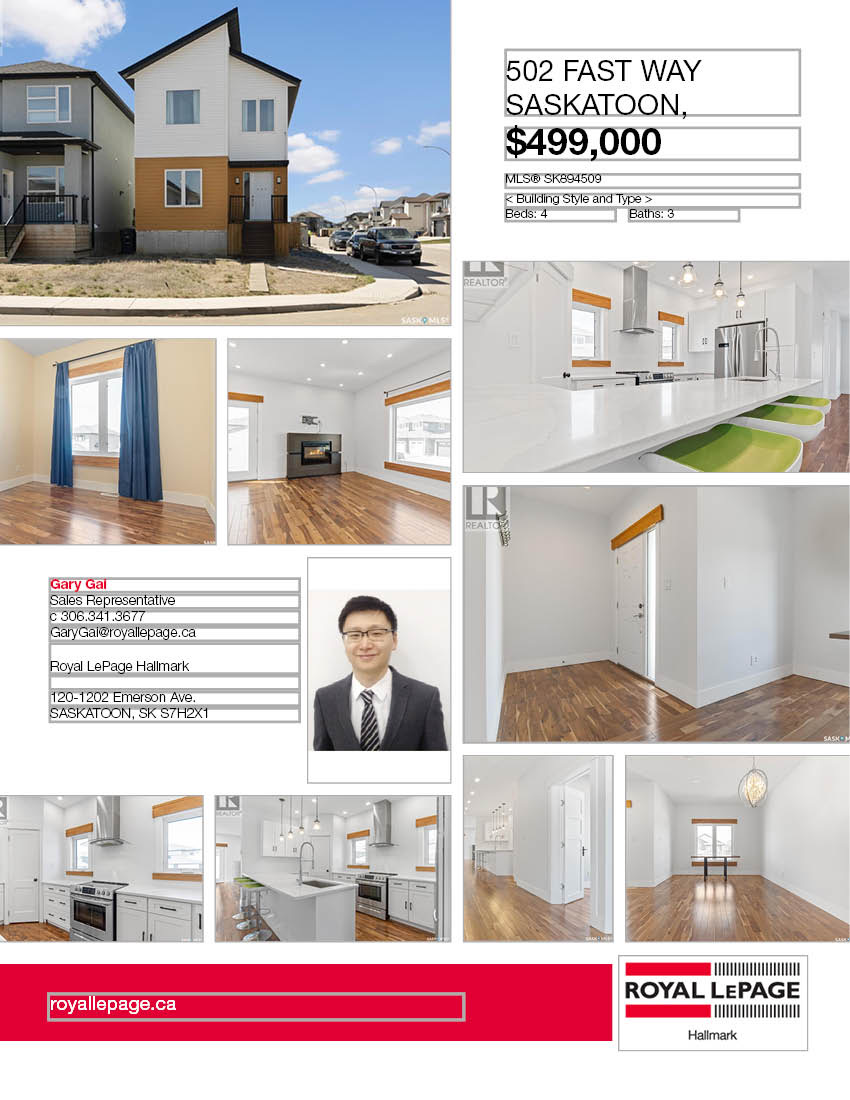 Aspen Ridge小区超大尺寸2016尺两层独立屋出售。好采光，保养如新，高档装修：9尺层高，实木地板，大理石台面，壁炉，不锈钢家电。主层有额外书房，二楼4个大卧室，地下室保温完成。带露台和独立双车库。挂牌价格：$499000。 有意请联系地产经纪Gary Gai 30634