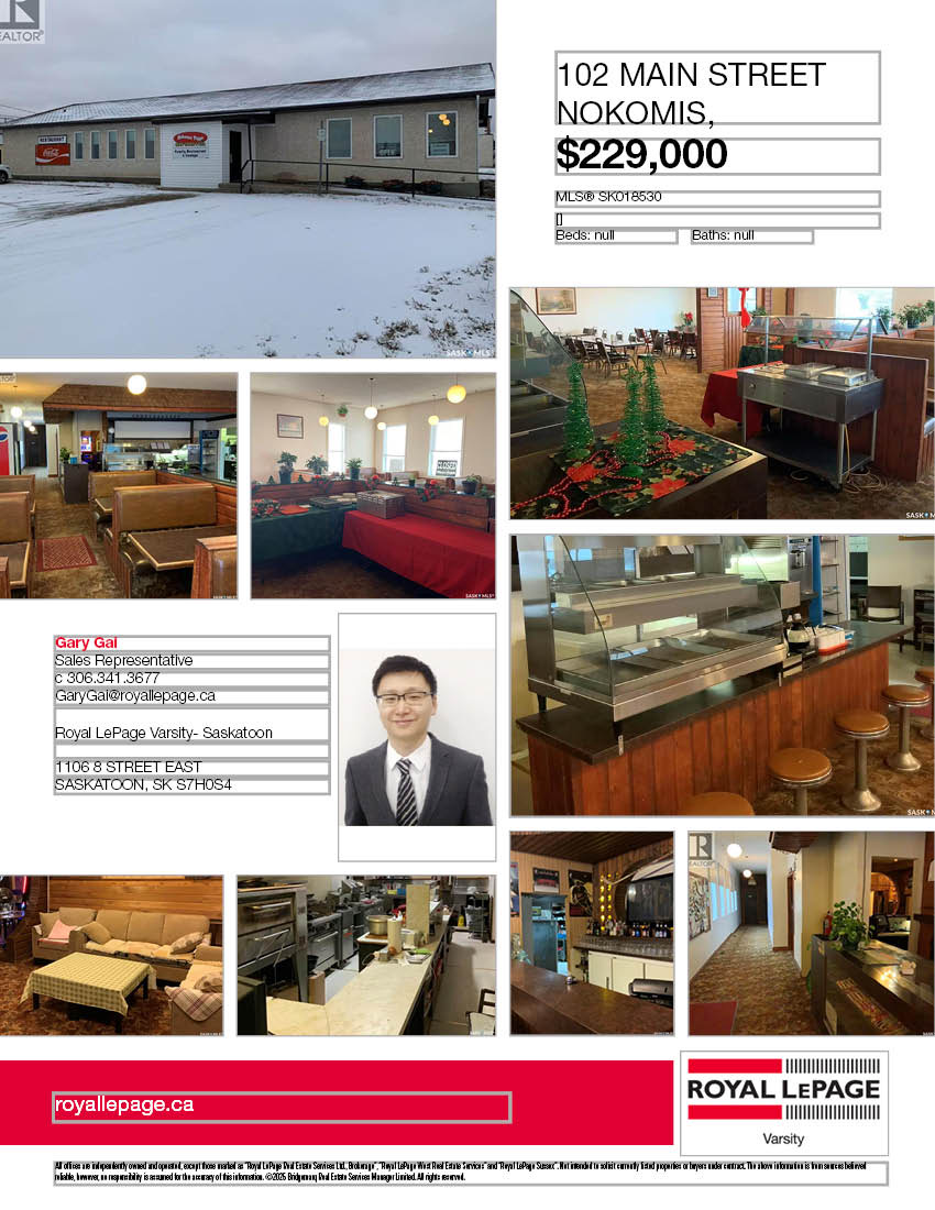 位于 Nokomis 核心地段商住两用优质餐厅机会，坐落在 20 号和 15 号高速公路交汇处。该物业设有宽敞的餐厅、全套商业厨房、酒吧/休闲区，以及舒适的住宿生活区，一直以来为当地居民和过往旅客提供服务，口碑良好。过去三年进行了大量升级，包括新暖炉、空调、水电管线、热水器、烤架、烤箱、油炸机、冰箱、冷柜、咖啡机、三层玻璃窗、门廊、前门，以及 2023 年更换的新屋顶瓦片。随着 BHP 矿业项目预期为该地区带来显著增长，这是一个难得的拎包即营的投资机会。现金流稳健，巨大潜力。挂牌价格：$229000。详情请联系地产经纪Gary Gai 盖王睿 3063413677 微信：gary3677 网站：garygai.com