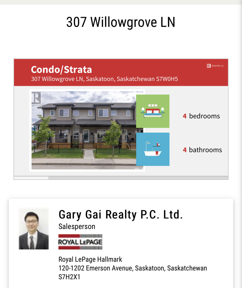 Willowgrove小区4房4卫双车库联排出售。带独立私密小院，主卧带完整洗手间。步行百米小学，近高中，购物。房屋保养佳采光好，高档装修：大理石台面，不锈钢家电，大尺寸房间，一车库一车位，地下室专业装修。挂牌价格：$339000。详情请联系地产经纪Gary Gai 盖王睿 - 2