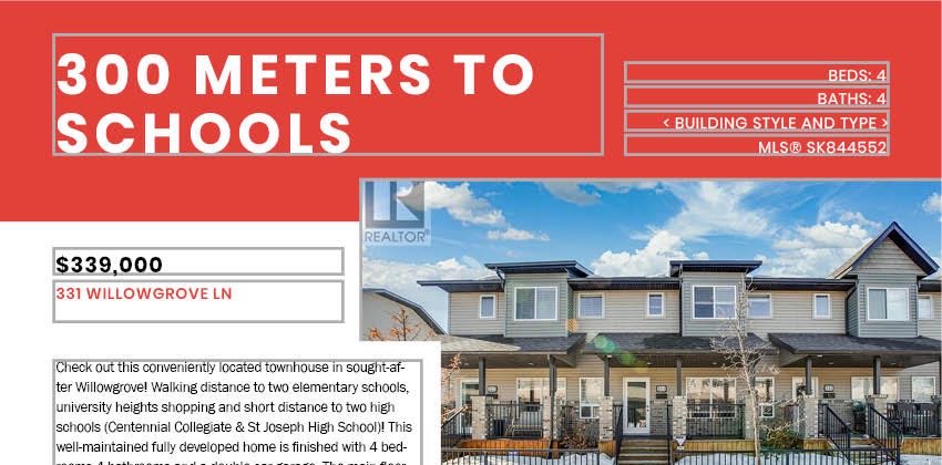 Willowgrove小区双车库4房4卫带独立院子联排屋出售。步行350米 至小学 近St Joseph 和Centennial百年高中。主卧带独立洗手间，地下室装修有一房一厅一卫，高档装修保养佳。挂牌价格：$339000。详情联系地产经纪Gary Gai