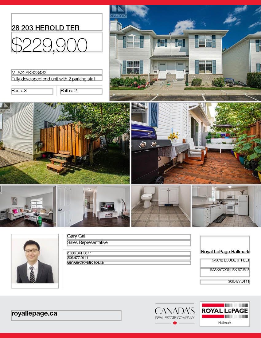 Lakewood 小区3房联排出售。安静边户，带独立露台，带2停车位，地下室完全装好。保养好。2003年建，1116 尺。升级更新家电，合成木地板。近附近购物和公园。校车直达2所小学。挂牌价格：$229900。详情请联系 Royal LePage地产经纪Gary Gai 盖王睿