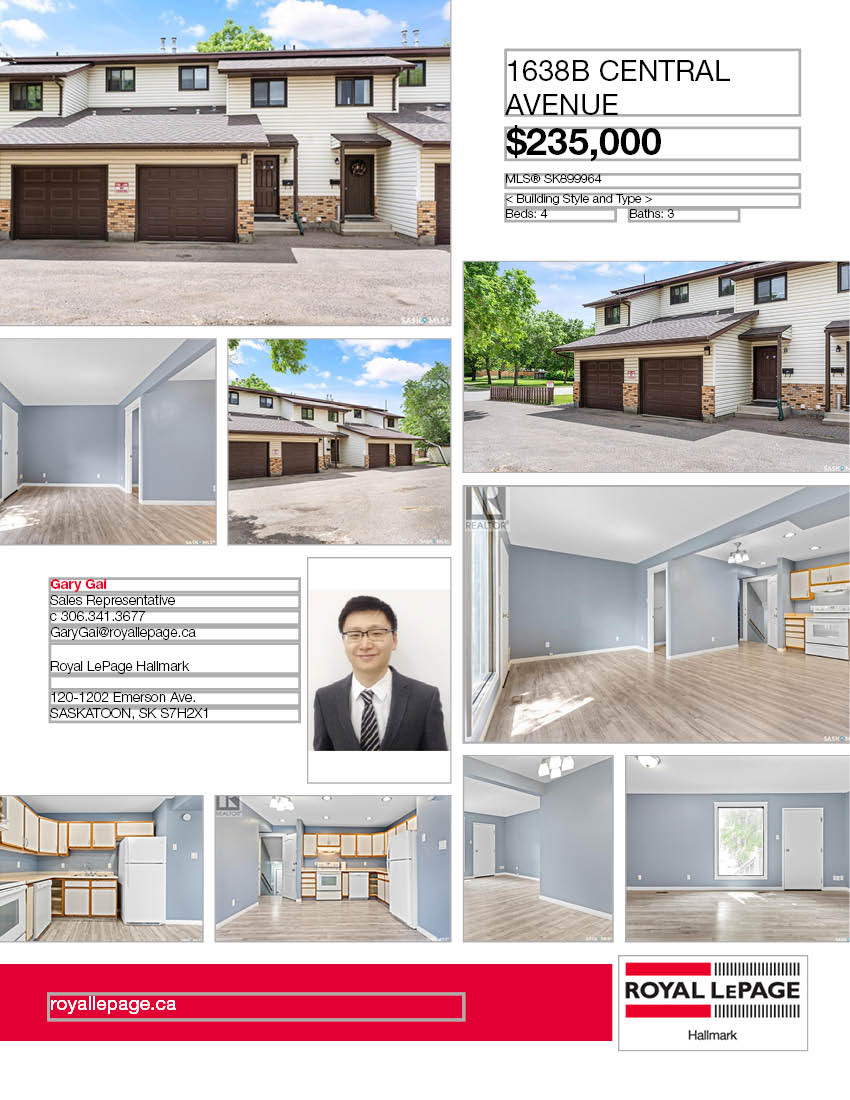 Sutherland小区4 房3卫联排出售。本地人业主，位置便利，近大学。连房子单车库外加一个室外车位。大窗户明亮，新不锈钢家电，新合成板地板和部分地毯，地下室完整装修有一房一厅一简易厨房水吧，另外带一独立露台。房屋近期更新，维护好。挂牌价格：$235000。 有意请联系地产经纪