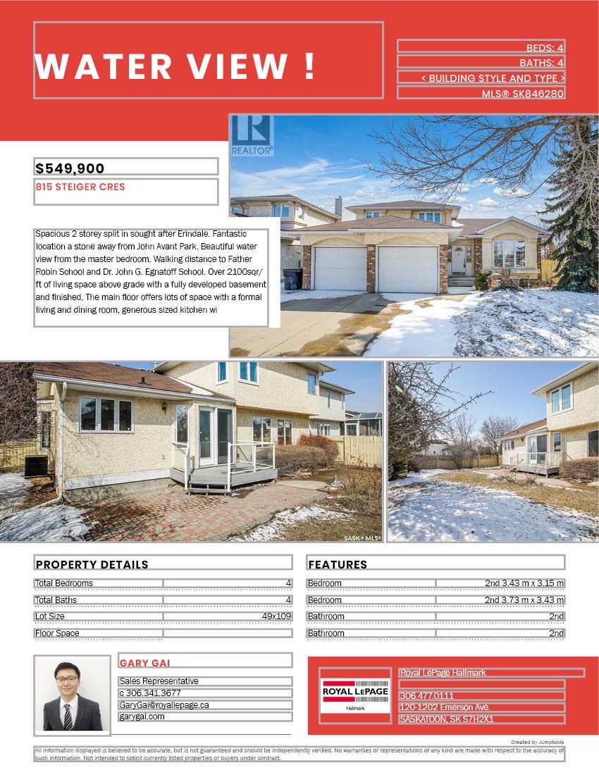 Erindale小区2125 尺湖景4房4卫另带1书房独立屋出售。主卧可欣赏John Avant小湖公园，近Father Robinson和Dr John G Egnatoff小学。保养极佳，升级更新有 不锈钢锅炉，部分新窗，新刷漆，车库门，热水器等。挑高顶设计。一层大书房