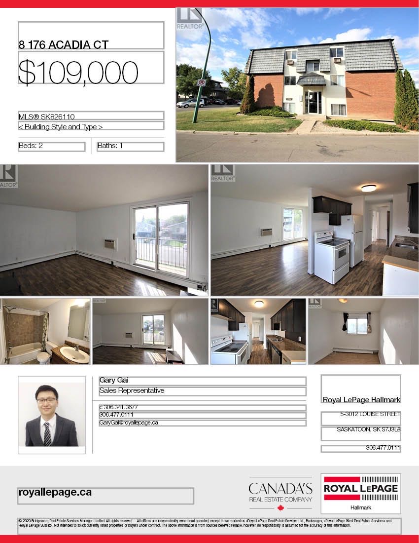 West College Park小区2室一厅公寓出售，2楼边户，带独立洗衣房，较新地板，橱柜，大理石台面，带一个地上插电车位。步行至小学，Evan Hardy高中，近公交站直达大学。挂牌价格 $109000。详情联系Royal LePage地产经纪Gary Gai 盖王睿