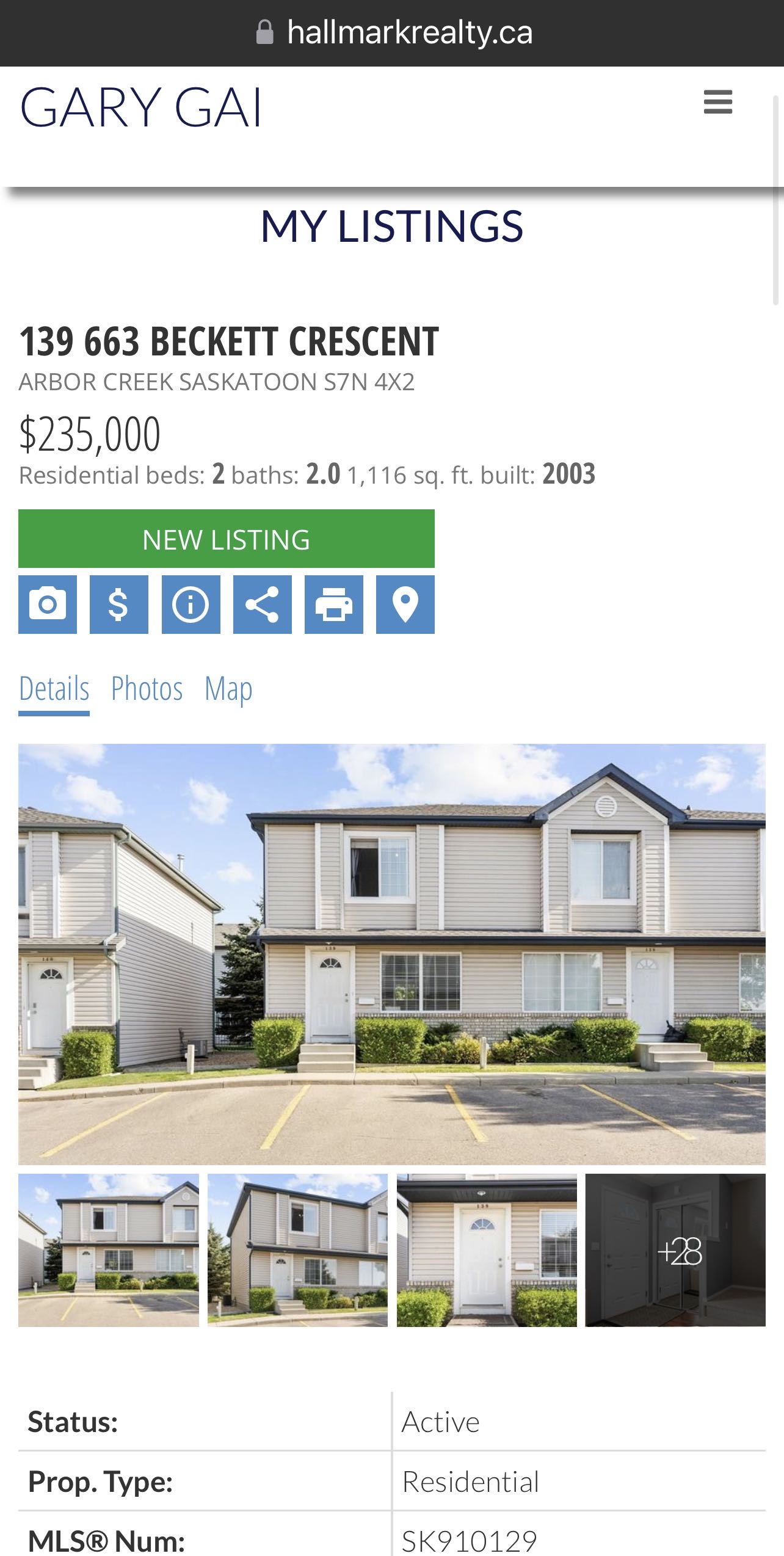 Arbor Creek小区2003年建1116尺s边户2室2卫联排出售，私密安静，地下室装修有一个大活动厅 ，有冷气空调。近小学，高中，公园，商业购物方便。采光好，保养状况好，带两个停车位，新换冰箱。挂牌价格：$235000。 有意请联系地产经纪Gary Gai 30634136 - 3