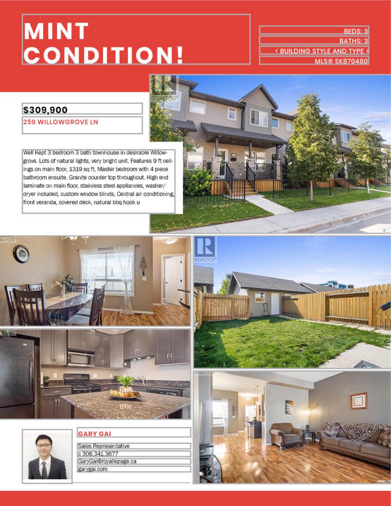 Willowgrove小区2013年建1360尺3房3卫联排别墅出售。房屋年代新，高档社区，整体保养得当。交通便利，可步行至两所学校和公园，近购物中心。房子是边户，一楼自然光充足，客厅宽敞明亮。一层9英尺挑高，高级复合板地板，全花岗岩台面，枫木橱柜，厨房设备齐全。二楼洗衣房，超大