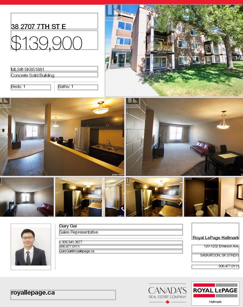 仅$139900！混凝土结构建筑 极为安静。7街顶层1室一厅一卫大尺寸823尺公寓出售。厨房，洗手间，地毯近期翻新。带独立洗衣房，带一个车位。步行至8街SuperStore购物等。挂牌价格：$139000。详情请联系地产经纪Gary Gai 盖王睿 3063413677