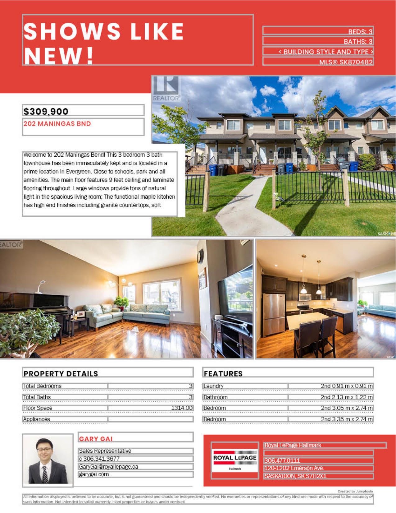 Evergreen 小区2013年建3房3卫联排别墅出售。房屋状况如新，可步行至小学和公园，近购物。一楼客厅宽敞明亮，9英尺层高，高级复合板地板，全花岗岩台面，枫木橱柜，厨房设备齐全。二楼洗衣房，超大主卧带完整洗手间和步入式衣柜。地下室未装修。带中央空调。私密后院，单车库外加一车