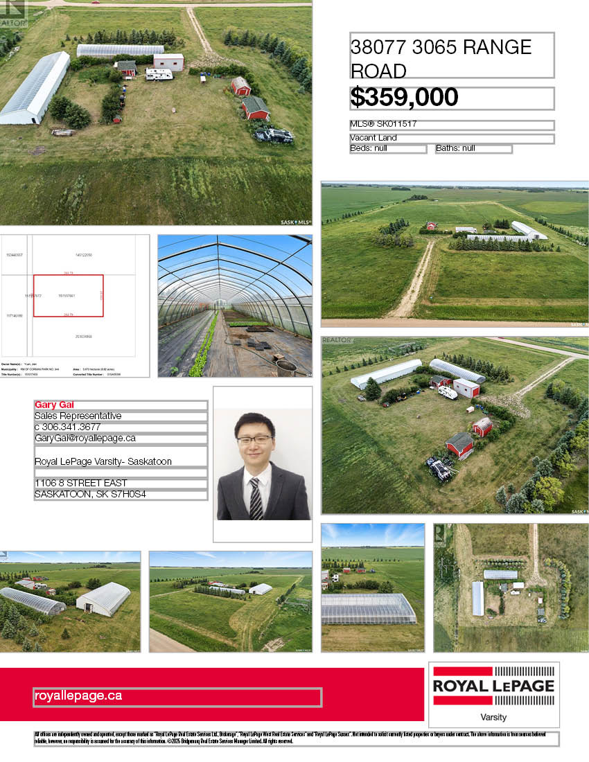9.8英亩的优质平坦农业-住宅用地出售！距离萨斯卡通北部的Costco仅12分钟车程，兼具即用价值和长期投资潜力。该地块位于城市未来城市发展规划区内，靠近即将建设的环路和主干道扩展项目，受益于基础设施发展和区域钾矿资源潜力，周边土地价值正稳步上升。该罕见物业已具备开展密集型农业/园艺经营的基础设施 （难得获批，审批通过率极低），包括两座温室（估值约10万加元）、一座30’ x 16’ x 12’的拱形车间/仓库（足够容纳一台拖拉机），以及三座额外的附属建筑用于储物。已有电力接入，配备一口85英尺深的水井，天然气管道距离地界约100米，便于接入使用。地块周围环绕成熟防风林，提供良好的隐私与自然保护。该地块还包含矿产权益，单独估值在3万至5万加元以上，尚有一笔未申领的赔偿金。无论是用于农业种植、自建住宅，还是商业开发，该地块都拥有开阔视野、发展潜力强，是兼具基础设施、收益机会与开发吸引力的稀缺优质资产。挂牌价格：$359000。详情请联系地产经纪Gary Gai 盖王睿 3063413677 微信：gary3677 网站：garygai.com