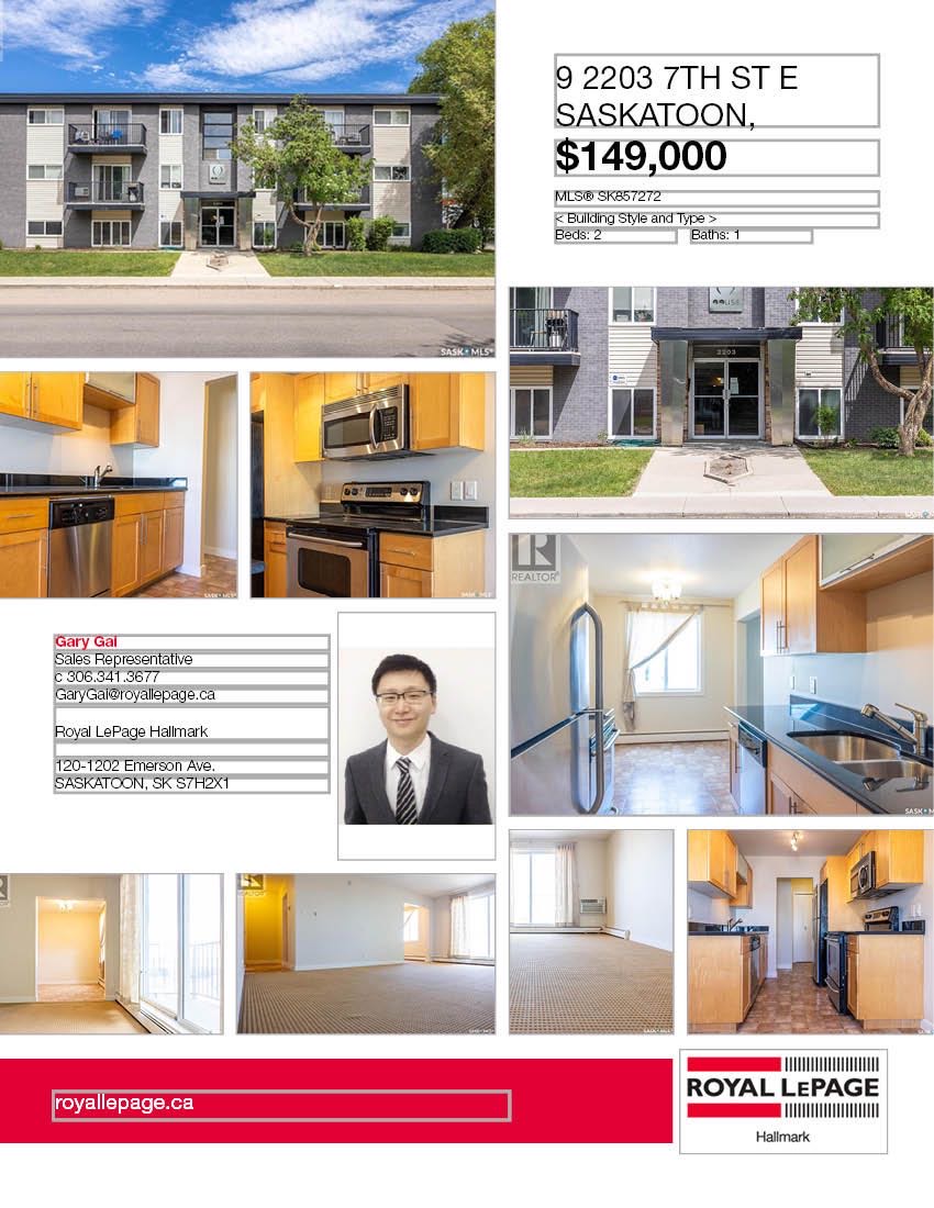 8街Superstore对面860尺2室1厅公寓出售。本地西人业主保养极佳，更新地板，厨房橱柜，大理石台面，不锈钢家电。带独立洗衣机烘干机，较新装修厨房卫浴，带地上一个停车位。挂牌价格 $149000。详情联系地产经纪Gary Gai 盖王睿 3063413677