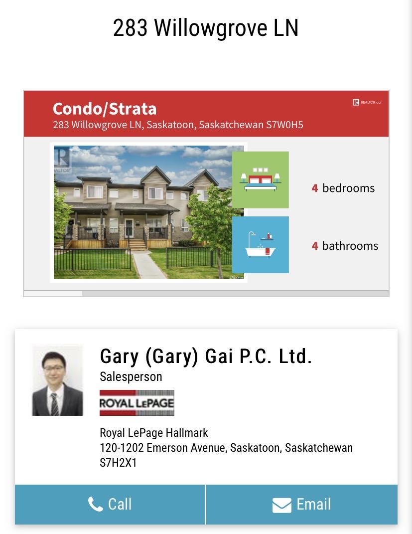 Willowgrove小区4房4卫联排出售。带独立私密小院，主卧带完整洗手间。步行百米小学，近高中，购物。房屋保养佳采光好，高档装修：大理石台面，不锈钢家电，大尺寸房间，一车库一车位，地下室专业装修。挂牌价格：$324900。详情请联系地产经纪Gary Gai 盖王睿 30 - 3