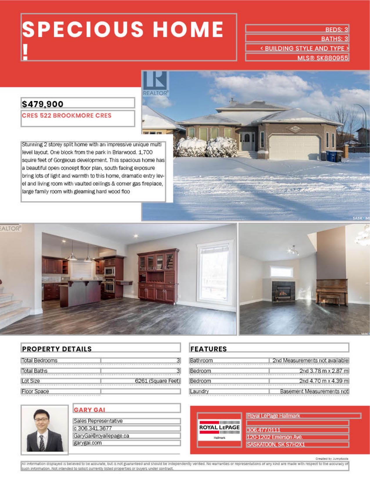 Briarwood小区1700尺双层独立屋出售。3房3卫独特户型，调高客厅，实木地板，多窗好采光，厨房橱柜充足，石面操作台。洗手间带按摩浴缸。地下室装修有一房一卫。加热双车库。成熟景观大院子。挂牌价格：$479900。详情请联系地产经纪Gary Gai 盖王睿 306341367