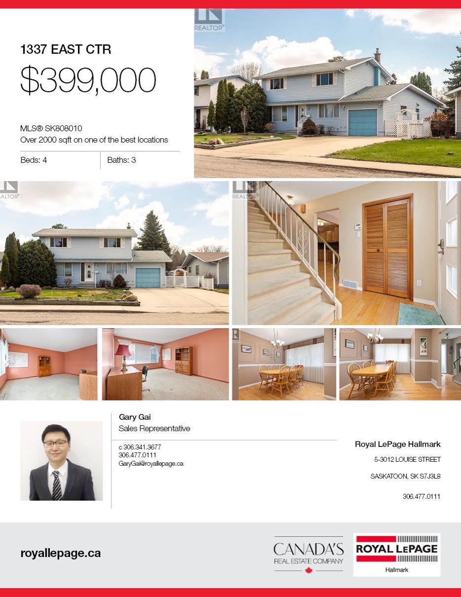 2042尺大面积独立屋位于Eastview小区最优路段之一，近小学和market mall购物。5房3卫，房屋保养状况极好多窗好采光，房屋大件近期都已更新升级室外私密成熟大院子外加单车库多车道。有意请联系地产经纪盖王睿Gary Gai 3063413677 微信gary3677